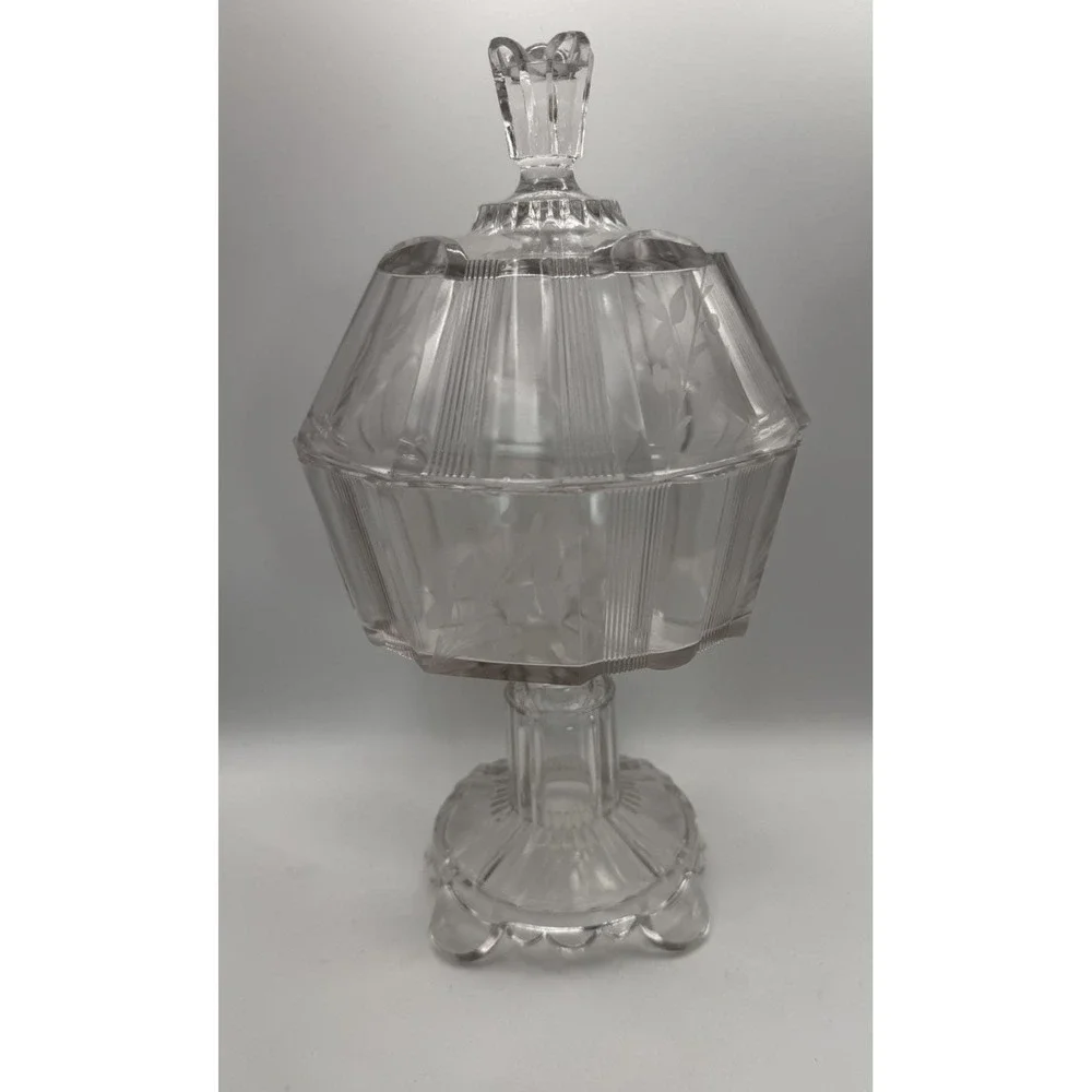 Antique EAPG Adams‎ & Co. Clear Ribbon #300 Covered Compote Floral Etched 1880s